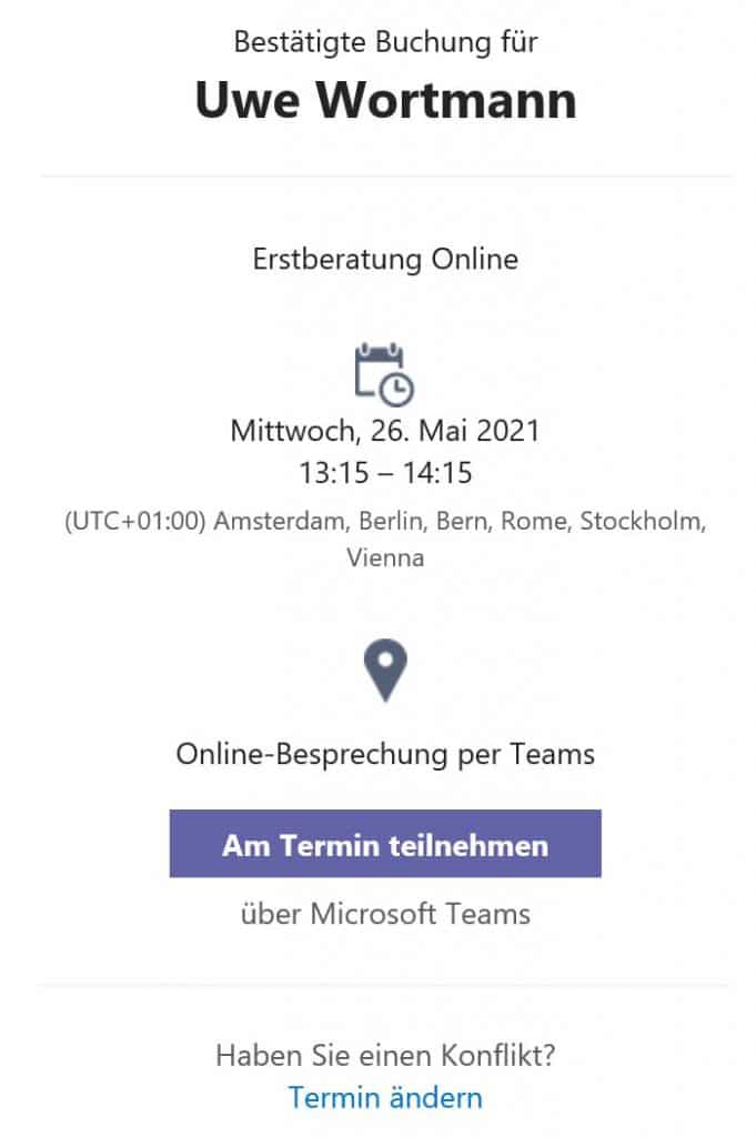 Bestätigungs-E-Mail - Online-Terminbuchung mit Microsoft Bookings eingerichtet durch Keepsmile Design, Castrop-Rauxel (Ruhrgebiet)